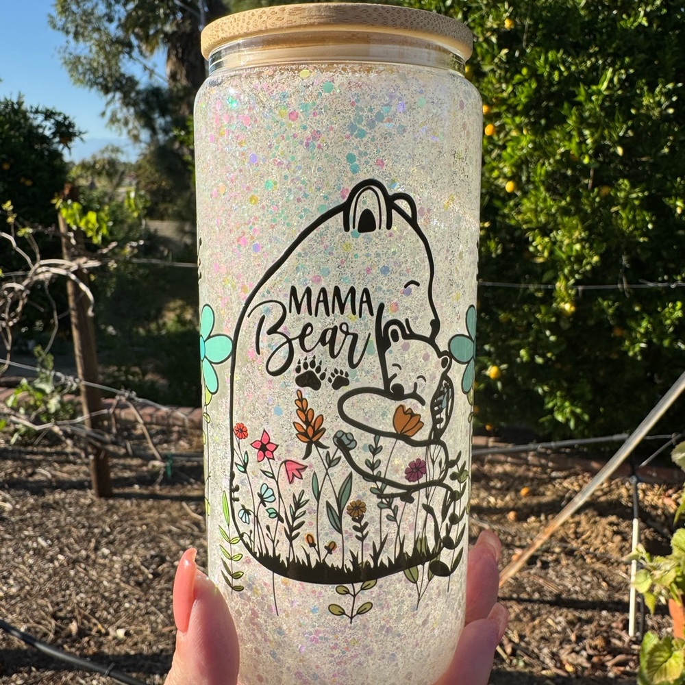 Mama Bear snow globe glass Tumbler 20oz